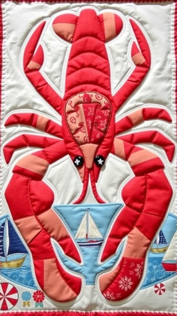 Vibrant lobster quilt block made from red, white, and blue fabrics, featuring an intricate lobster design.